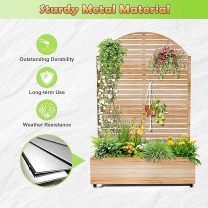 Metal Raised Garden Bed with Trellis, 2-in-1 Planter Box & Privacy Screen for Climbing Plants, Outdoor Standing Flower Bed with Drainage Holes, 47.2" L x 16.7" W x 70.8" H, Acacia Wood Grain-Louvered