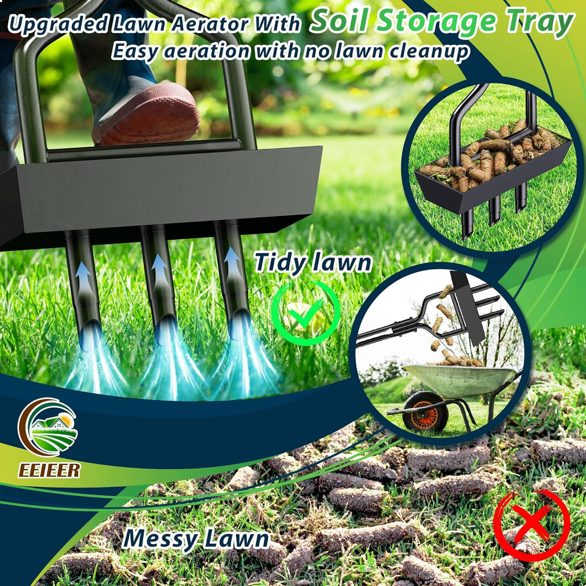 Manual Lawn Aerator Tool with Soil Storage Basket - 2025 Upgraded Aerator Lawn Tool, 3 Tines Yard Aerators with Cleaning Tool, 38’’ Ergonomic Aeration Tools for Compacted Soil & Lawn Care
