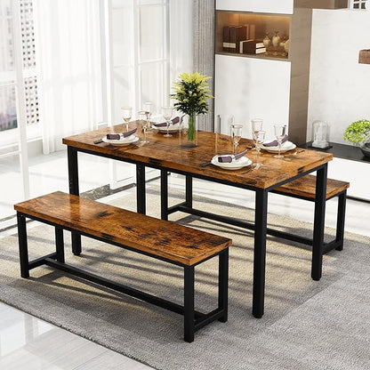 Recaceik Dining Table Set with Bench, 3 Pieces Dining Furniture Set Kitchen Table Set Sturdy Structure Space-Saving Dinette for Kitchen, Dining Room Breakfast Nook, Living Room, Rustic Brown