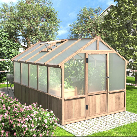 8x10 FT Greenhouse Kit with 6MM Thick Polycarbonate Panel for Outdoor, Wooden Walk-in Green House with Adjustable Roof Vent and Lockable Door, Backyard, Garden, Light Mocha Brown