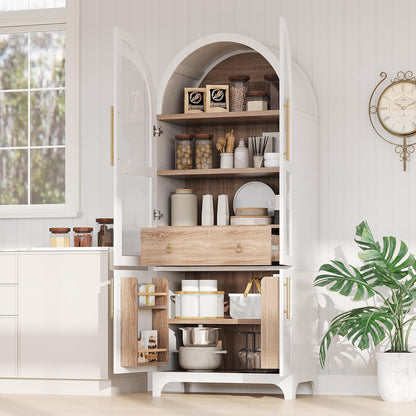 71" Farmhouse Tall Arched Kitchen Pantry Cabinet with Adjustable Shelves and Hidden Drawer, Anti-Tipping Storage Cupboard with Glass Door for Kitchen, Dining Room (White)