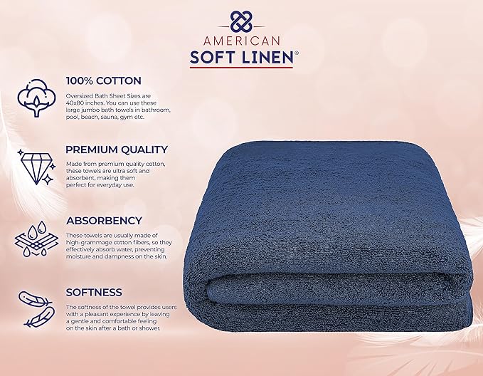 American Soft Linen Oversized Bath Sheet 40x80 Extra Large for Bathroom, 600 GSM 100% Cotton Turkish Jumbo Bathsheet Towels for Adults, Navy Blue Bath Sheet