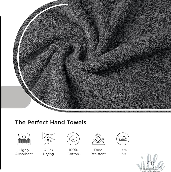 100% Cotton Hand Towel Set of 2, (16 x 28 inches) Sustainable, Soft, Highly Absorbent, Quick Drying, Combed Cotton Hand Towels Pack of 2 Ideal for Hotels, Spa, Bathroom, Dorm, Grey