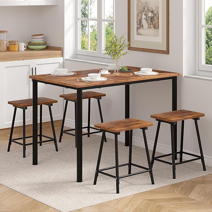 VECELO Kitchen Table and Chairs for 4, Dining Room Set with Chairs/Stools, Heavy-Duty Metal Frame with Wooden Tabletop for Small Spaces, Easy Assembly, Antique Brown