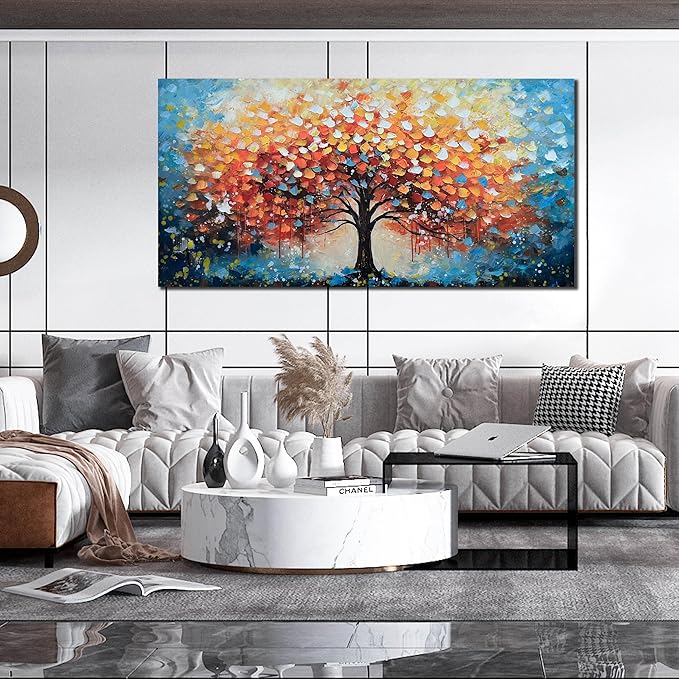 Zoyotago Large Canvas Wall Art for Living Room Bedroom Home Office Orange Yellow Tree of Life Wall Art Modern Hand-painted Oil Painting Size 29x59