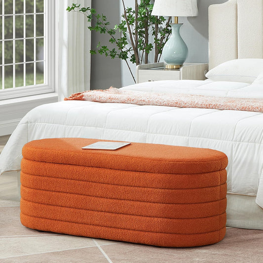 extrasleep Modern 43" Oval Storage Ottoman Bench with Safety Hinge, Upholstered Teddy Fabric End of Bed Bench with Hidden Storage, Comfy Foot Rest for Bedroom Living Room, Entryway Bench, Orange