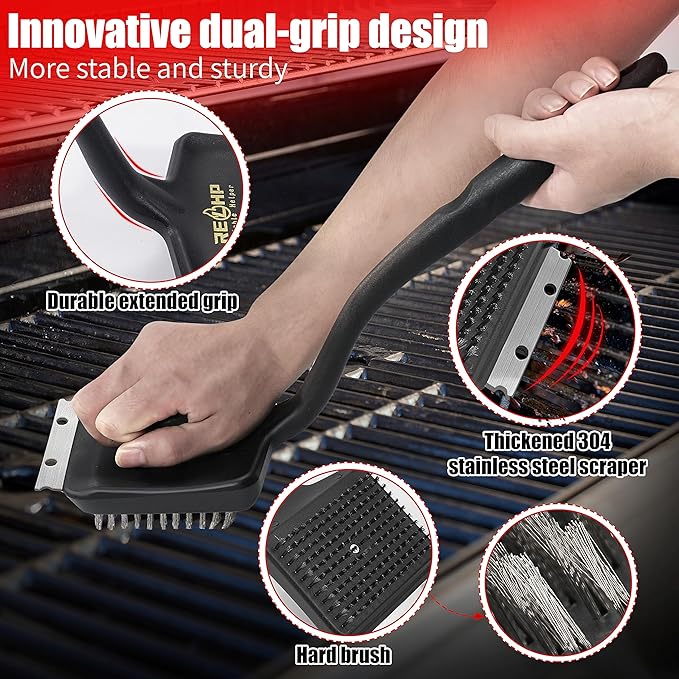 Grill Brush and Scraper [Extra Long 17-Inch Handle] Wire Grill Brush for Outdoor Grill Grill BrushGrill Cleaning Brush Grill Accessories for Most Grill Grill Accessories Gift for Men/Dad