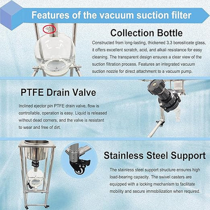 50L Vacuum Filtration System, Negative Pressure Suction Filter with Stainless Steel Buchner Funnel & Glass Filter Flask, Discharge Valve & Brake Casters, for Lab Chemical Industrial Use