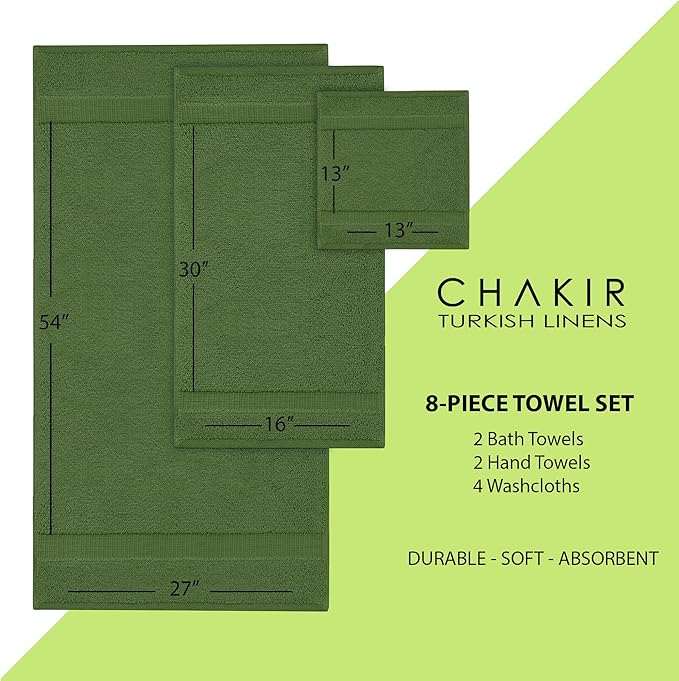 Chakir Turkish Linens Premium Cotton Absorbent Turkish Towels (8-Piece Towel Set, Moss)
