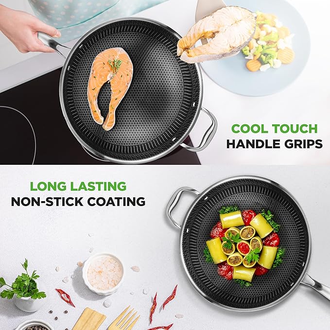NutriChef 12" Stainless Steel Wok - Induction ready, Non Stick Tri-ply technology, Scratch-resistant Honeycomb Fire Textured Pattern