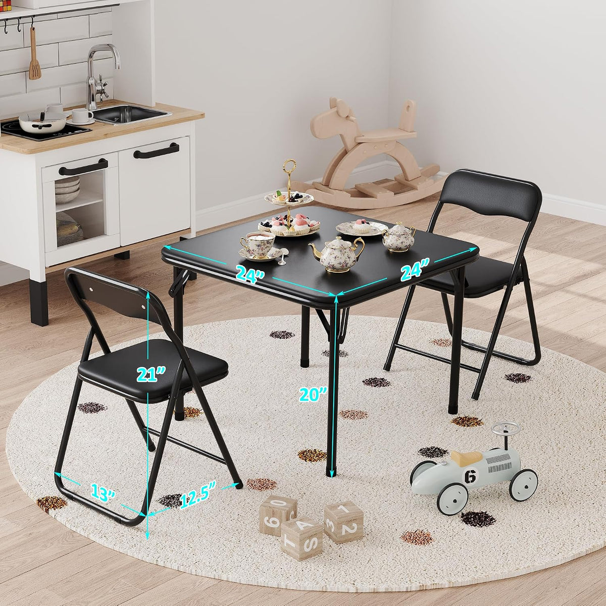 IDEALHOUSE Boys and Girls Folding Table and Chairs Set of 3, Portable Table and Chair with Pu Soft Cushion,Suitable for Eating,Reading and Playing (Black)