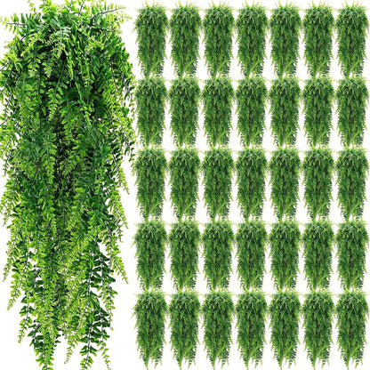 Geosar 42 Pcs Artificial Hanging Plants 32 Inch Hanging Boston Ferns Plastic Fake Plants for Wall Room Garden Wedding Garland Indoor Outdoor Decoration, No Basket