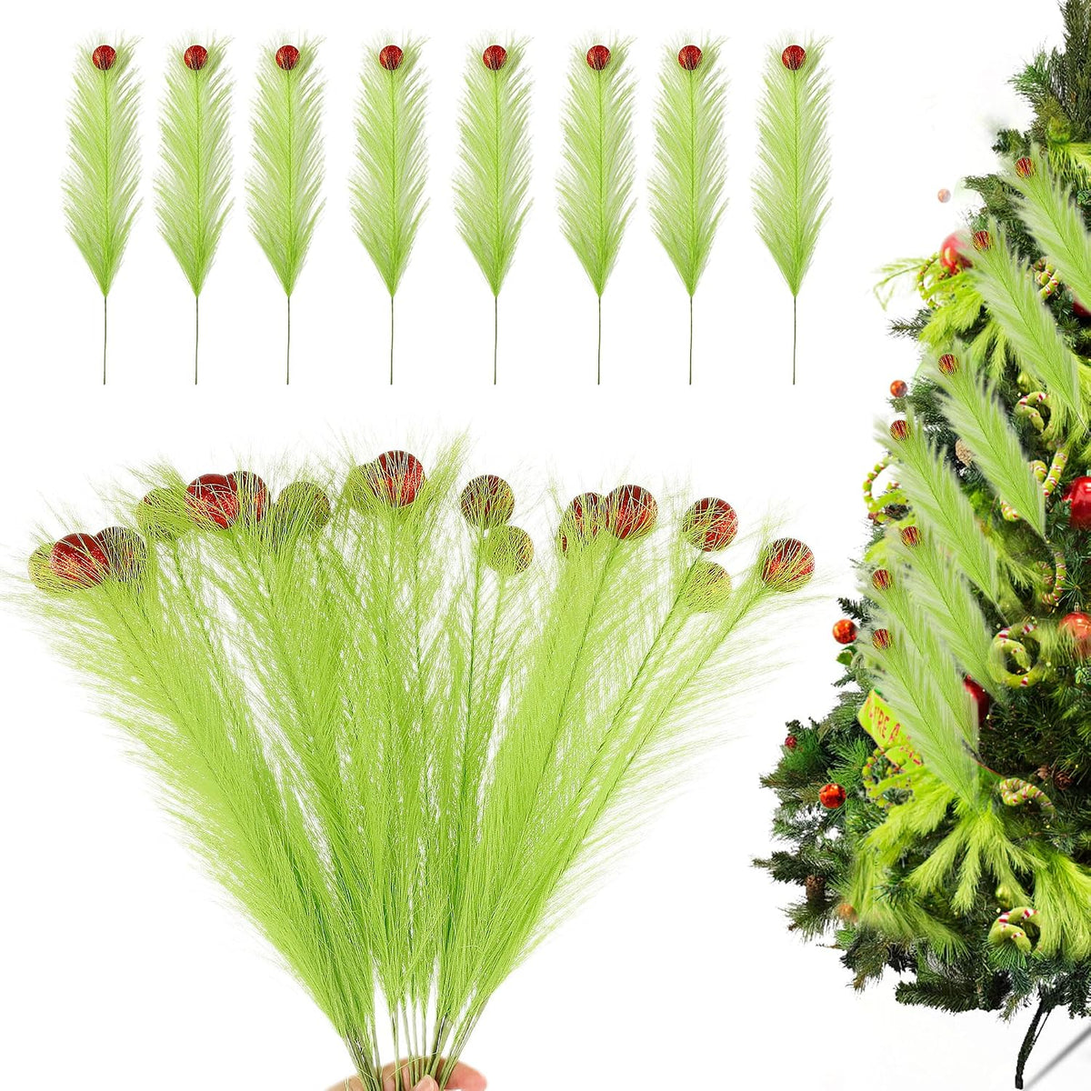 20Pcs 21.7'' Lime Green Christmas Tree Topper with Red Balls | Grinch Christmas Decorations, Artificial Pampas Grass Stems, For Wreath Craft Vase Fillers, Xmas Home Decoration Supplies