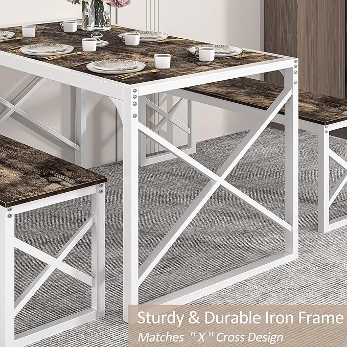 VECELO Kitchen Dining Table Set for 4 to 6, 55" Wood Dinette 2 Benches with Metal Frame for Dinner Breakfast Nook and Small Space, Dark Brown