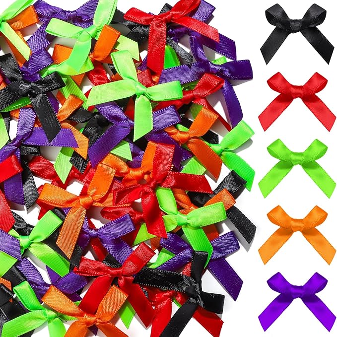 YGDZ Mini Bows, 50 PCS Small Satin Bows for Crafts, Halloween Decor, 5 Colors (Black, Orange, Purple, Red, Green), Tiny Bows for Gift Wrapping