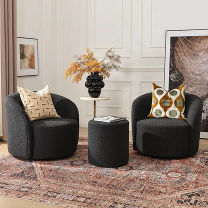 KINWELL 34" W Swivel Barrel Chair Set of 2, Mid Century Modern Round Upholstered Boucle Swivel Accent Chairs, No Assembly Sofa Chair for Living Room Bedroom Reading, Black
