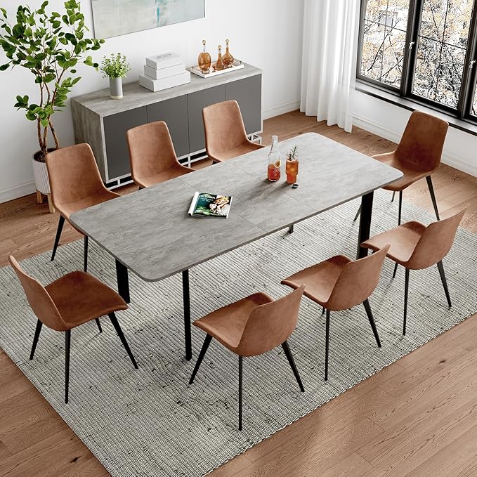 63"- 78.7" Extendable Dining Table Set for 8, Modern Kitchen Table with 8 PU Leather Chairs, Thickened Expandable MDF Wooden Table with Metal Legs for Dining Room, Kitchen, Office