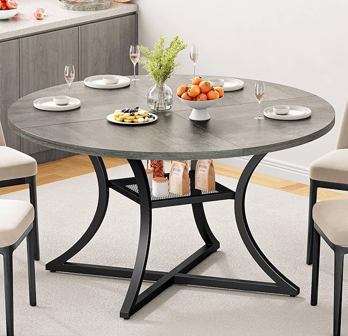 IRONCK 47.2" Round Dining Table for 4, Wood Kitchen Table with Storage Shelf for Dining Room, Dinner Table with Wooden Tabletop and Metal Base, Gray