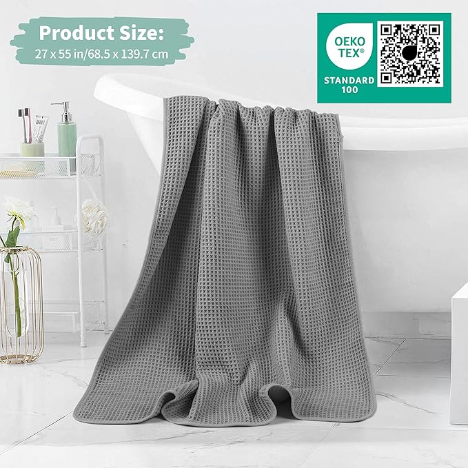 Microfiber Waffle Bath Towels, 4 Pieces, Soft, Absorbent, Fast Drying, Lint Free (Gray)