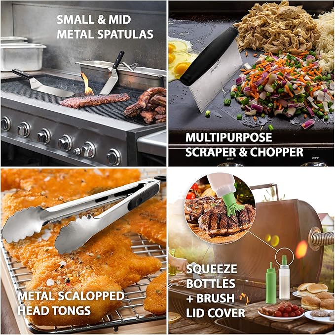 Anmarko Metal Spatula Set Stainless Steel and Scraper - Professional Chef Griddle Spatulas Set of 6 - Heavy Duty Accessories Great for Cast Iron BBQ Flat Top Grill