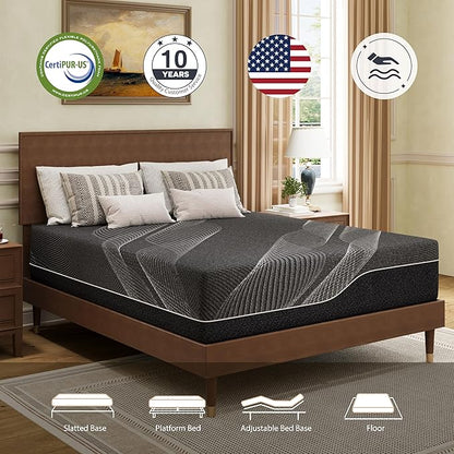 Full Mattress 14 Inch Charcoal Gel Memory Foam in a Box, CertiPUR-US Certified, Fiberglass Free, Cooling Double Mattress, Made in The USA of US Foam, 75" × 54" × 14", Medium