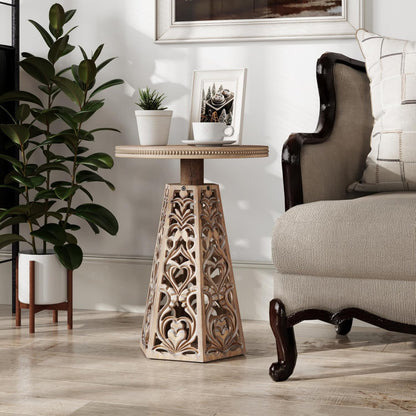 COZAYH Rustic Farmhouse Wooden End Table, Distressed Round Accent Table with Intricate Carved Floral Patterns, Boho, for Living Room, Bedroom, or Entryway, Distressed Wood Color