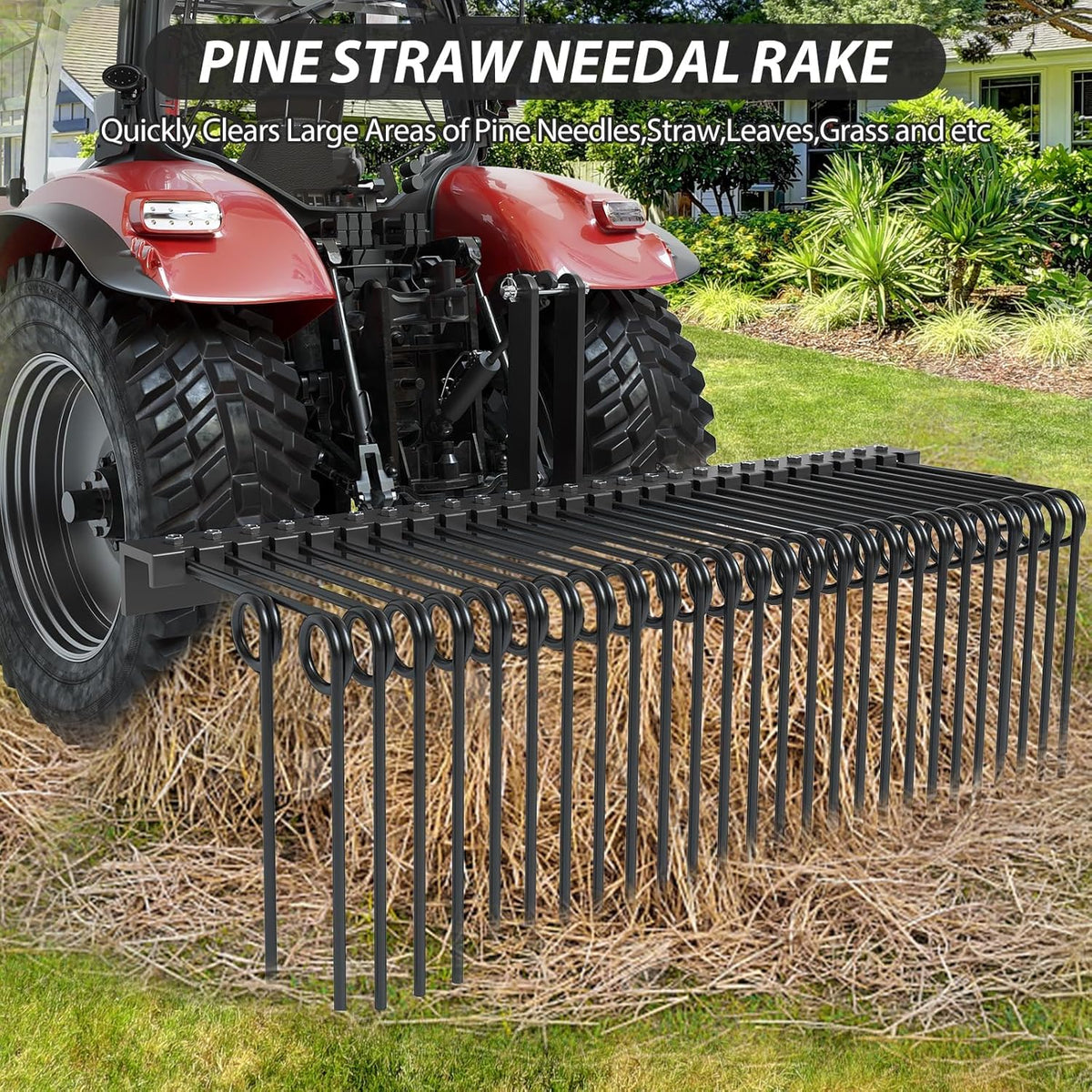 72" Durable Powder Coated Steel Pine Straw Rake, Steel Spring Landscape Rake for Leaves, Pine Needles, Straw, and Grass Attaches to Cat 0 Cat 1,3 Point Hitch Tractor, Black