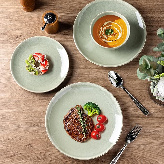 AmorArc Ceramic Dinnerware Sets for 6, 18 Pieces Handpainted Plates and Bowls Set, Scratch Resistant Stoneware Dishes Set, Dishwasher & Microwave Safe, Olive Green