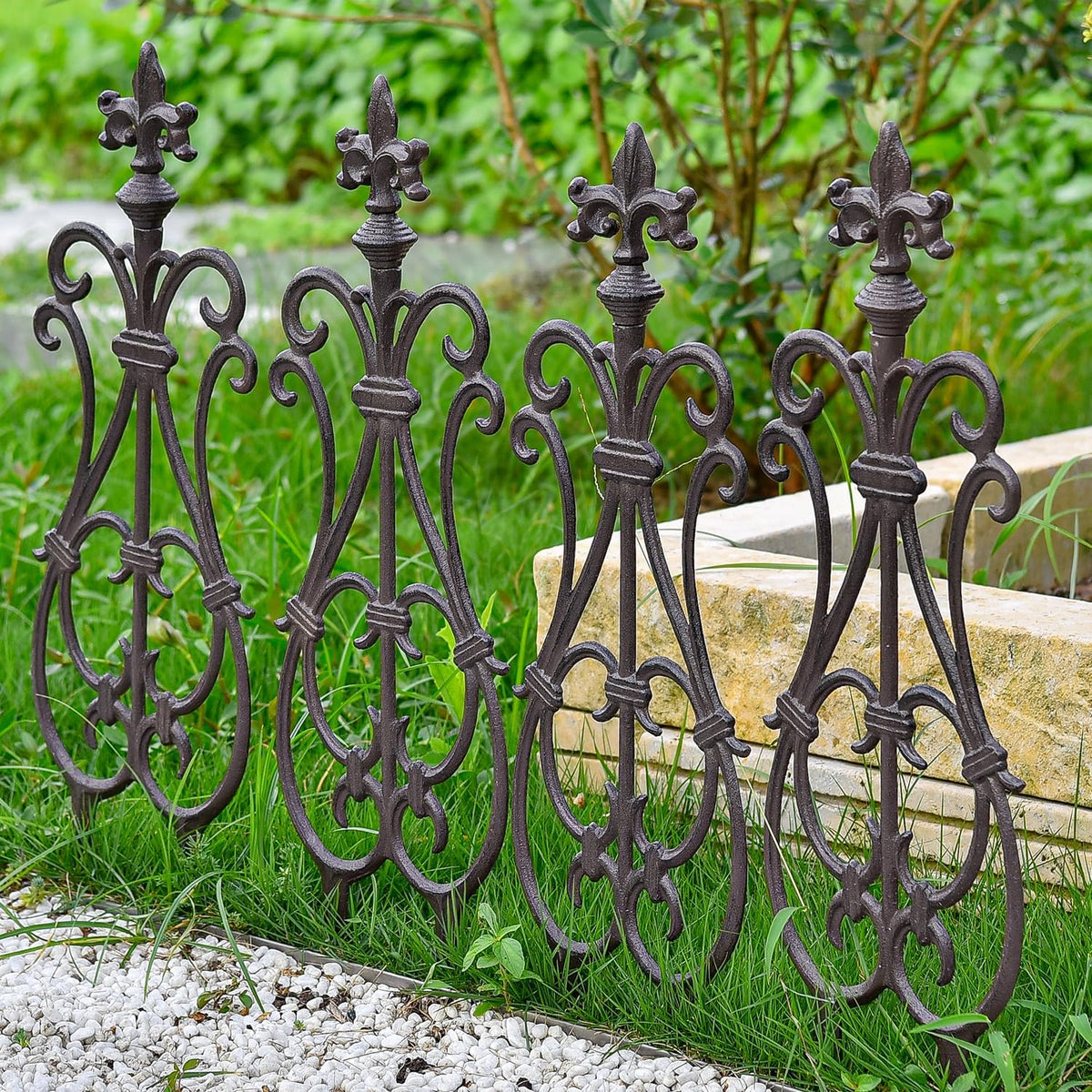 Sungmor Decorative Cast Iron Flower Bed Fence, 28" Tall Vintage Garden Edging Border, 4 Pack Heavy Duty Landscape Picket Fence Panels, Outdoor Plant Support Garden Stake, Victorian Yard Lawn Decor