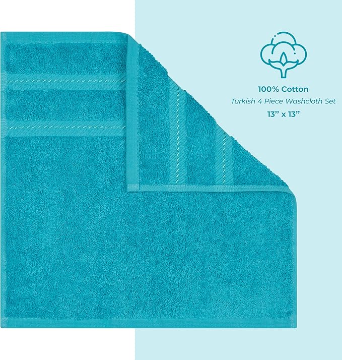 American Soft Linen Luxury Washcloths for Bathroom, 600 GSM 100% Cotton 4 Piece Turkish Wash Cloth Set, 13x13 in Soft Rags for Body and Face, Aqua Blue Washcloths