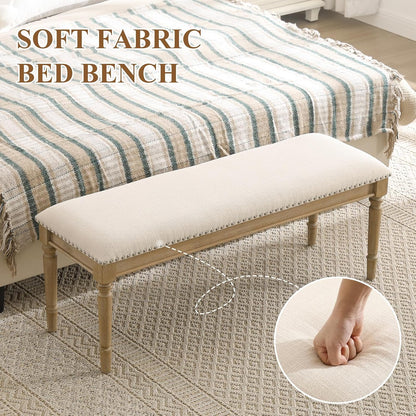 46'' French Country Entryway Bench Wooden Linen Fabric Upholstered Seat Dinng Bench with Nailhead Trim for Hallway End of Bed, Beige