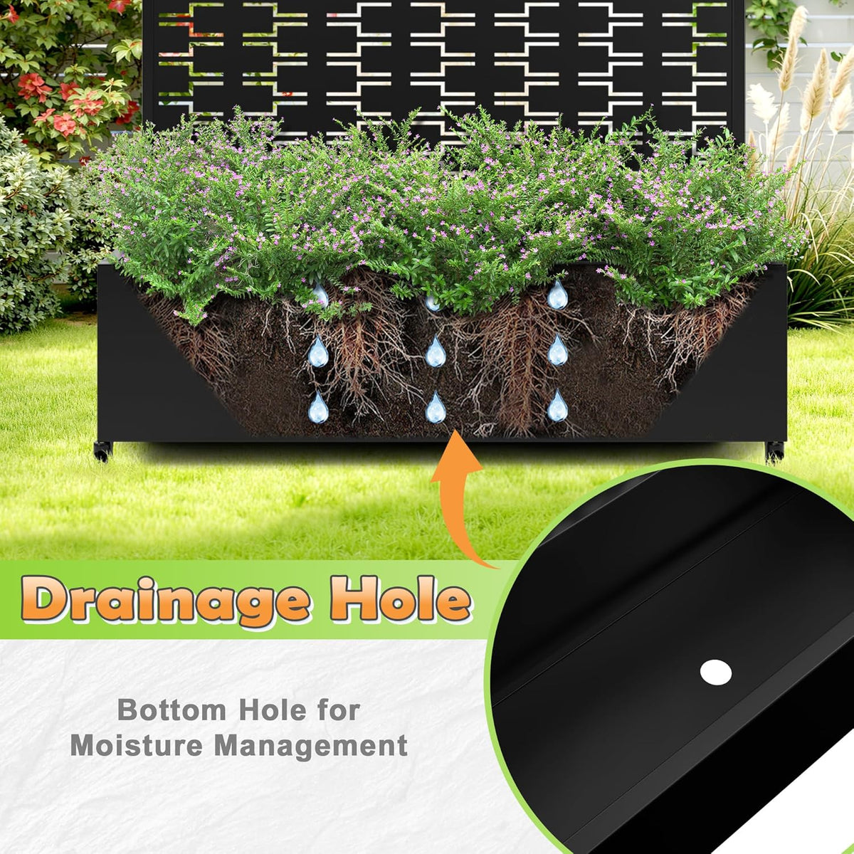 Metal Raised Garden Bed with Trellis, 2-in-1 Planter Box & Privacy Screen for Climbing Plants, Outdoor Standing Flower Bed with Drainage Holes, 47.2" L x 16.7" W x 70.8" H, Black-Brick