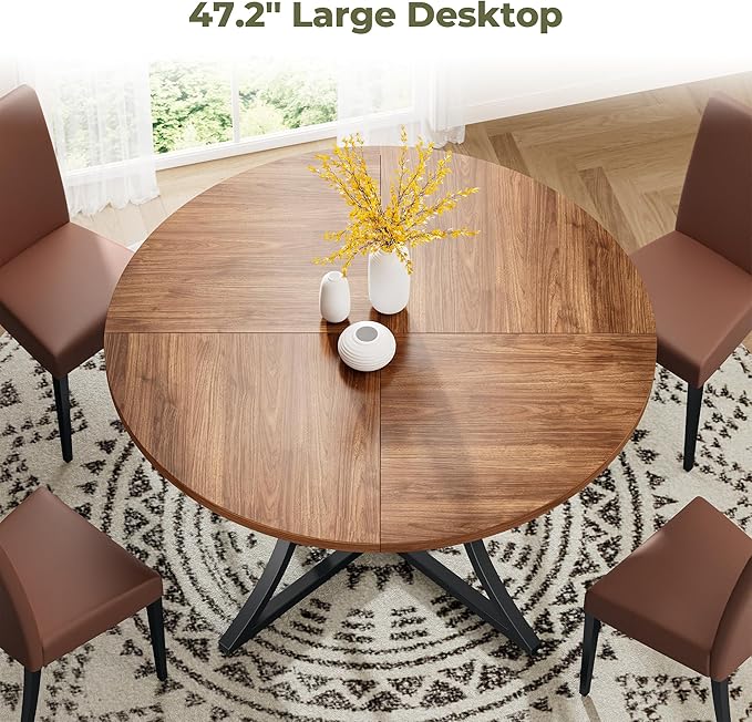 IRONCK 47.2" Round Dining Table for 4, Wood Kitchen Table with Storage Shelf for Dining Room, Dinner Table with Wooden Tabletop and Metal Base, Cherry
