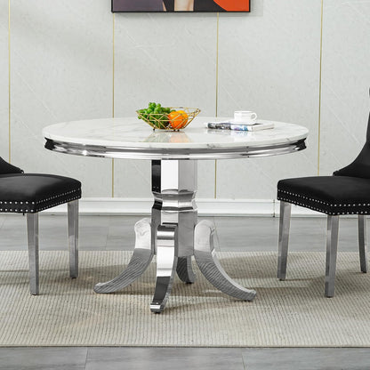 45 inch White Marble Round Dining Table for 4 to 6, Modern Round Dining Table with Faux Marble Top & Silver Stainless Steel Y Base, Luxury Marble Kitchen Dining Room Table for Dinette Party Gathering