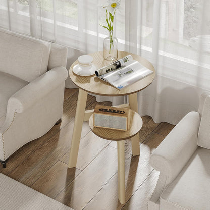 ChooChoo Round End Table for Small Spaces, Narrow Side Table, Accent Table Night Stand with 2 Tier Shelf for Bedroom and Living Room, Natural