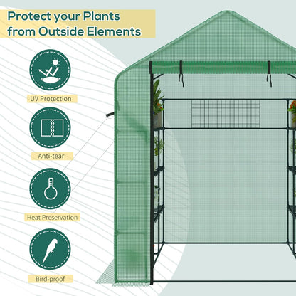 Outsunny 8' x 6' x 7' Walk-in Greenhouse with Mesh Door and Windows, 18 Shelf Green House with Trellis, Plant Labels, UV Protective for Growing Flowers, Herbs, Vegetables, Saplings, Green