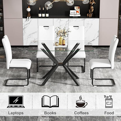 47.24" Rectangular Glass Dining Table Modern Kitchen Glass Top Table for 4 with Black Metal Legs, Clear Dining Table Kitchen Table for Home Office Dining Room