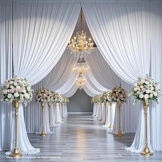 PartyVillage 60ft×15ft White Backdrop Curtain for Wedding Parties, 12 Panels Wrinkle Free 15 FT Long Polyester Photo Backdrop Drapes Back Drop Cloth for Birthday Photography Background