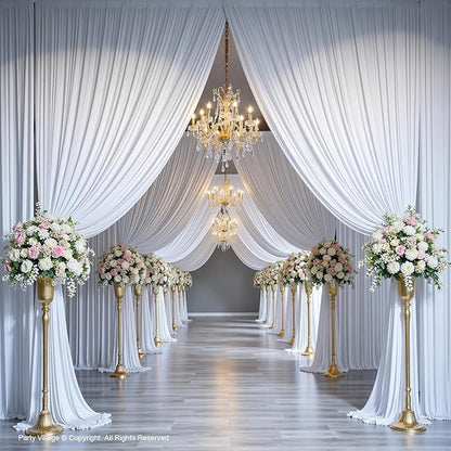 PartyVillage 60ft×15ft White Backdrop Curtain for Wedding Parties, 12 Panels Wrinkle Free 15 FT Long Polyester Photo Backdrop Drapes Back Drop Cloth for Birthday Photography Background