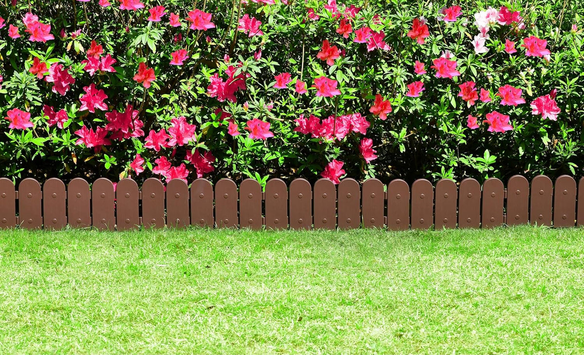 Evelyne Garden Border Plastic Edging: Wooden Fence Design - 8pcs Brown Yard Landscaping Fence Liner Lawn Edge Barrier - 10ft Kit of Decorative Lawn Panels Elements -Landscaping Edging-GMT-10374-A08