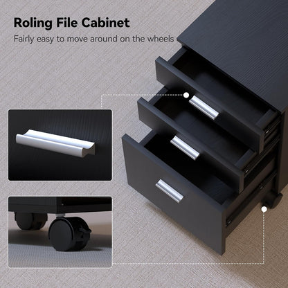 3 Drawer Storage Cabinet,Preassembled Black Wooden Organizer for Files,Under Desk Printer Stand,Mobile on Wheels,19" L x 16" W x 22" H