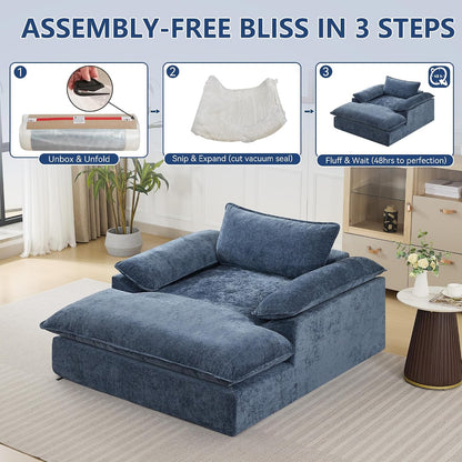 WUTUTUEE 69" Oversized Chaise Lounge Chair Indoor, No Assembly Blue Lounge Couch, Chenille Upholstered Sofa Bed with Pockets, Oversized Reading Chair with Ottoman for Living Room, Bedroom, Office