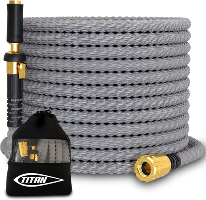 TITAN Flexible Garden Hose 10FT – Ultra Lightweight, Heavy Duty Water Hose with Brass Fittings & Jet Nozzle – Kink-Free, Non-Expanding, Durable Fabric Hose for Yard, Lawn, Car Wash, Outdoor Use