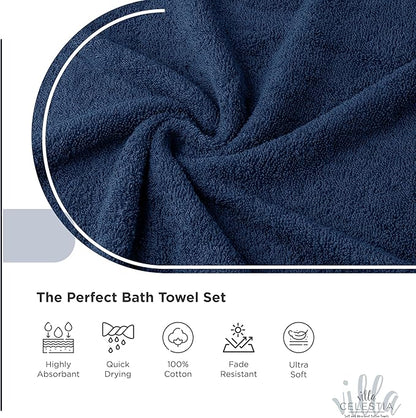 100% Combed Cotton Bathroom Towel Set of 10- 2 Bath Towels, 4 Hand Towels, 4 Wash Cloths, Sustainable, Soft, Highly Absorbent 10 Piece Cotton Bath Towel Set for Hotels, Spa, Bathroom, Dorm, Navy Blue