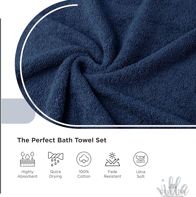 100% Combed Cotton Bathroom Towel Set of 8- 2 Bath Towels, 2 Hand Towels, 4 Wash Cloths, Sustainable, Soft, Highly Absorbent 8 Piece Cotton Bath Towel Set for Hotels, Spa, Bathroom, Dorm, Navy Blue