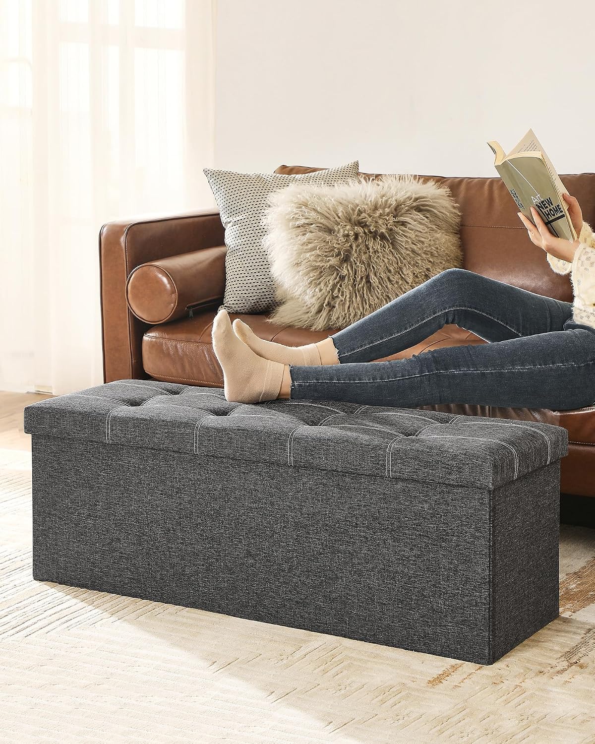 SONGMICS Mazie Collection - 43 Inches Ottoman Storage Bench, 35 Gal. Folding Chest with Breathable Linen-Look Fabric, Load up to 660 lb, for Entryway, Living Room, Bedroom, Dark Gray ULSF077G04