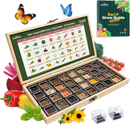 Lush&Dew Year-Round USDA Zone 7 Seed Bank, Gift for Mom Dad, 32 Varieties Non-GMO Heirloom Seeds of Vegetables, Flowers, Gardening Gifts for Women Men, Survival Kit for Raised Garden Bed, Greenhouse