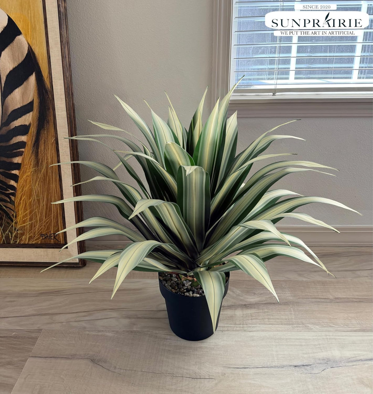 SUNPRAIRIE Life-Like Extra Large 34 Inch Tall Artificial Agave Plant. Cream Leaves with Textured Dark Green Stripes. UV Resistant Faux Plants. Outdoor and Indoor Large Artificial Plants.