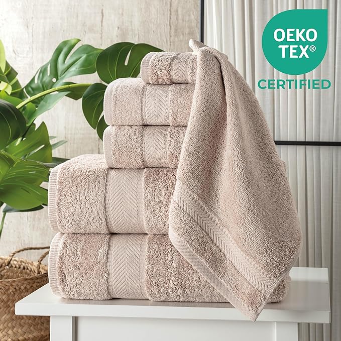 TEXTILOM 100% Turkish Cotton 6 Pcs Bath Towel Set, Luxury Bath Towels for Bathroom, Soft & Absorbent Bathroom Towels Set (2 Bathtowels, 2 Hand Towels, 2 Washcloths)- Beige