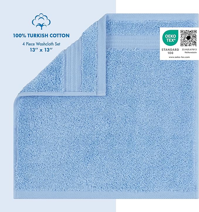Cotton Paradise 100% Cotton Turkish Washcloth Set for Bathroom, 4 Piece Soft Absorbent Small Hand Face Towels Wash Rags, Sky Blue